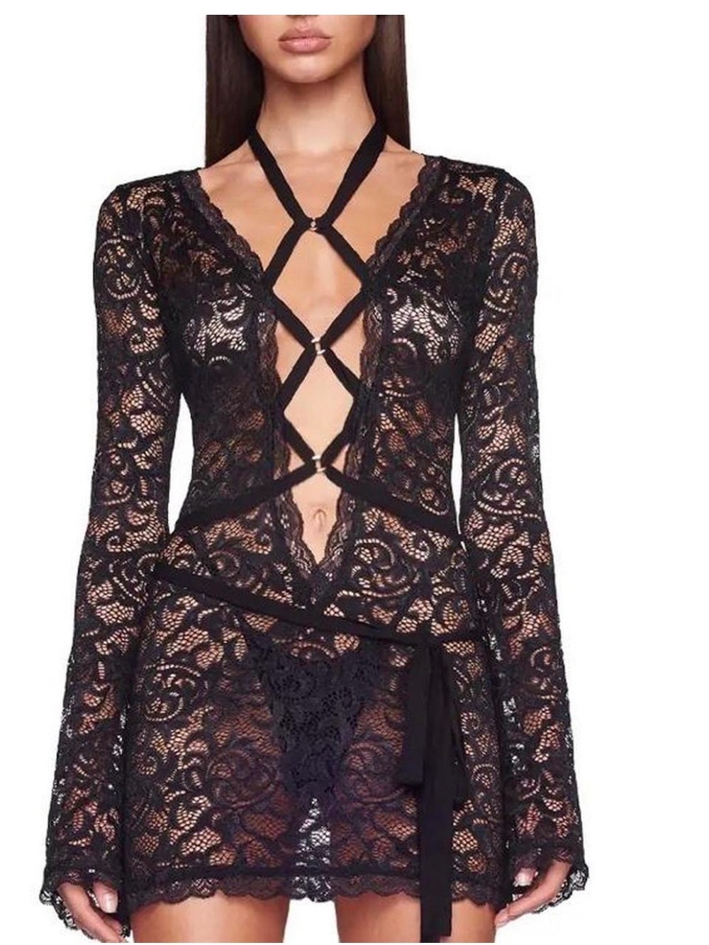 I.AM.GIA Black Lace Strappy Long-Sleeve Mini Dress